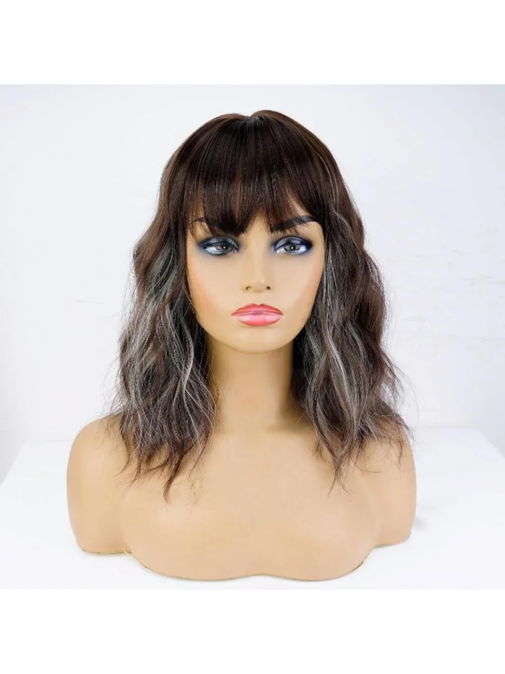 Women Brown Mixed Blonde 14 Inch Heat Resistant Short Bangs Bob Modern Wavy Wigs